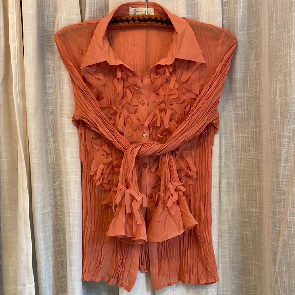 Cathaya Crinkle Coral Blouse with Ruffle Details